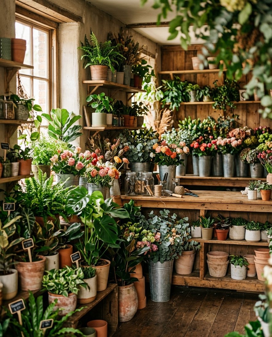 Werkruimte van het atelier met emmers verse bloemen en planten