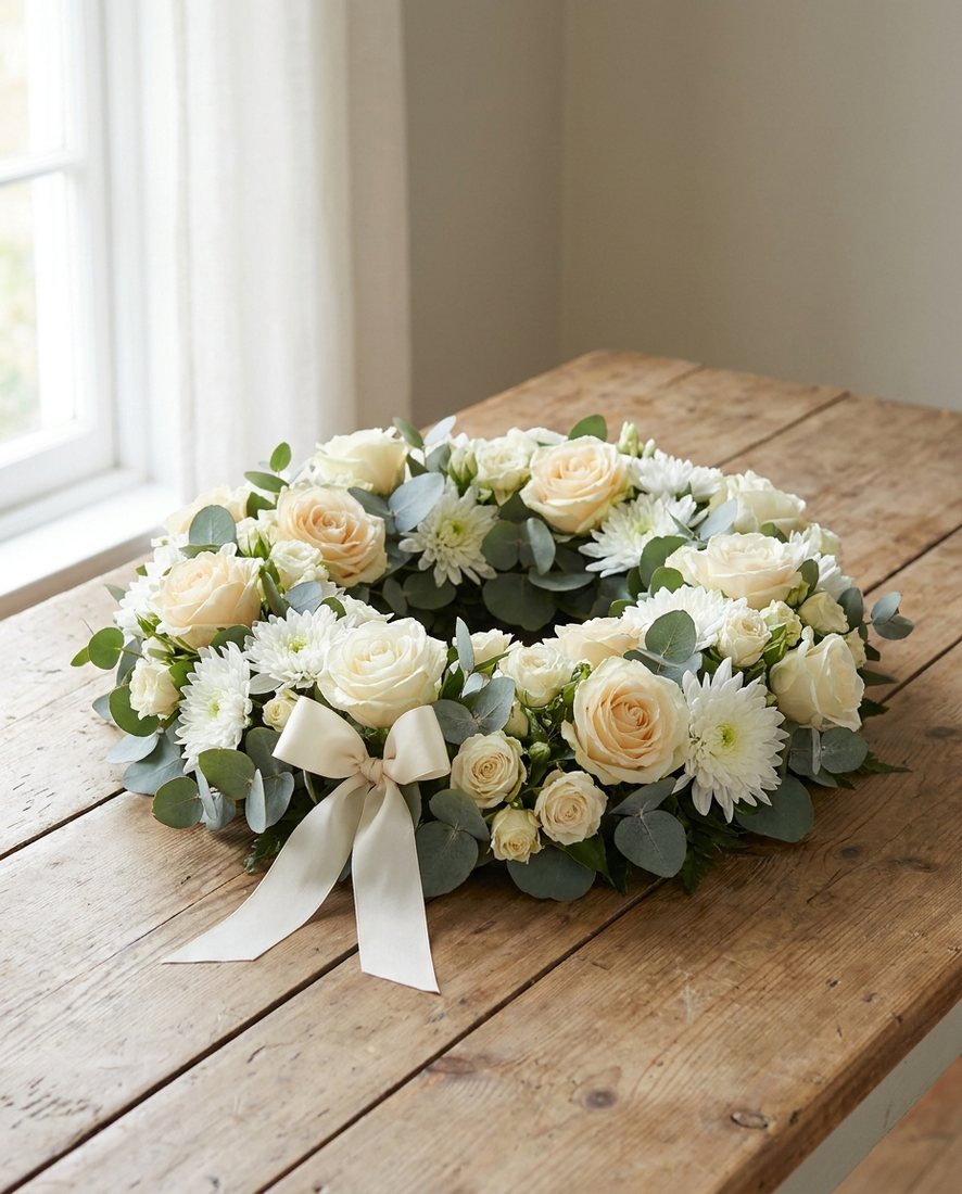 Rustig rouwstuk van witte rozen en chrysanten met eucalyptus